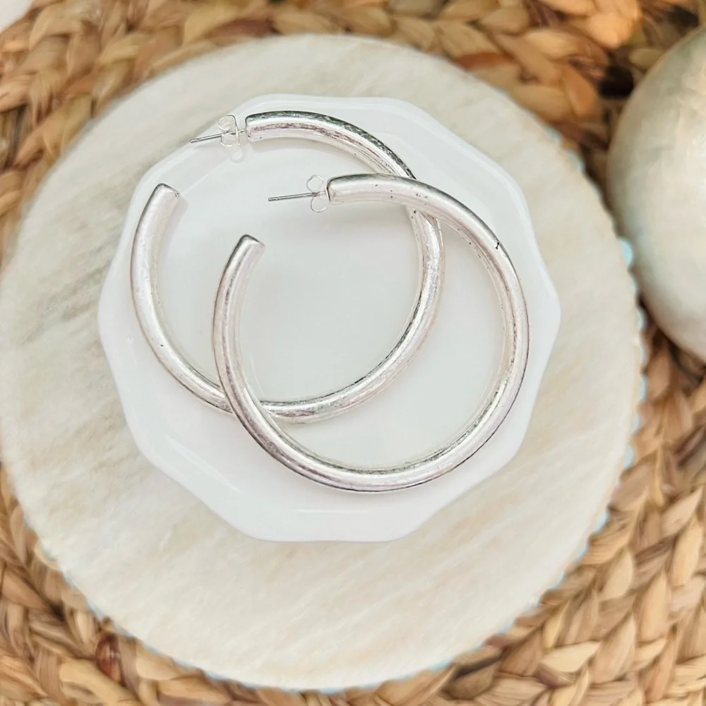 NWT Large Silver Hoop Earrings | Lightweight | Boutique | Worn Look